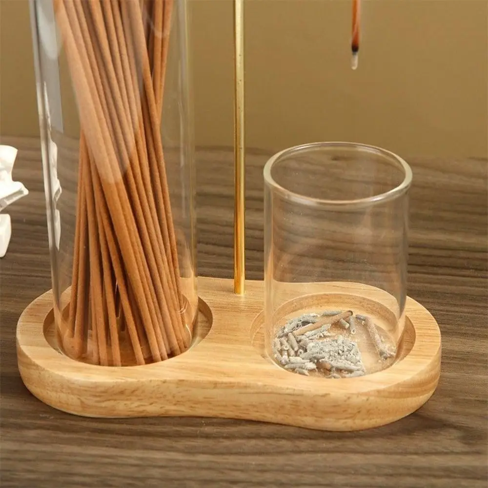 Removable Glass 2 in 1 Incense Holder Anti-Ash Flying with Ash Catcher Incense Burner for Sticks Sticks Organizer Wooden Base