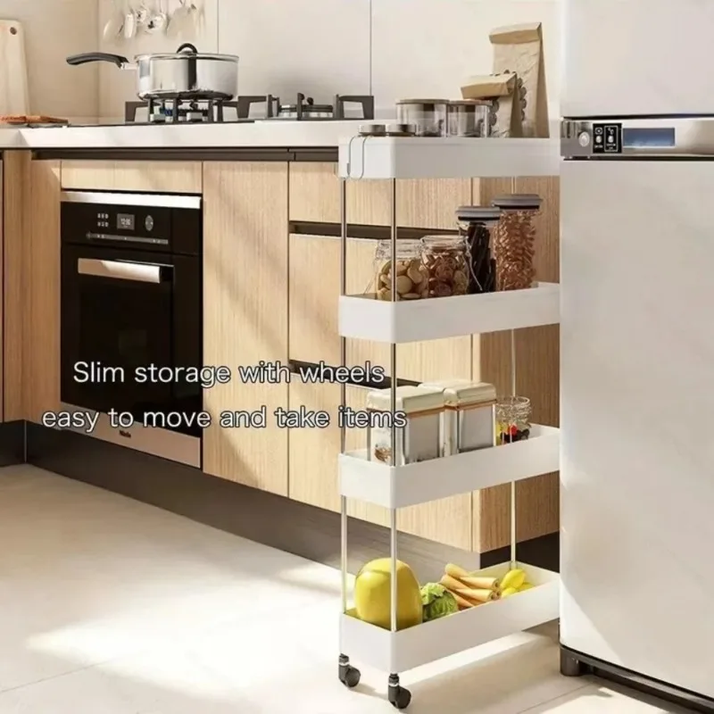 4Tier Narrow Gap Rolling Storage Cart, Multi‑Layer Floor Organizer With Hooks for Kitchen Bathroom Living Room Household Storage
