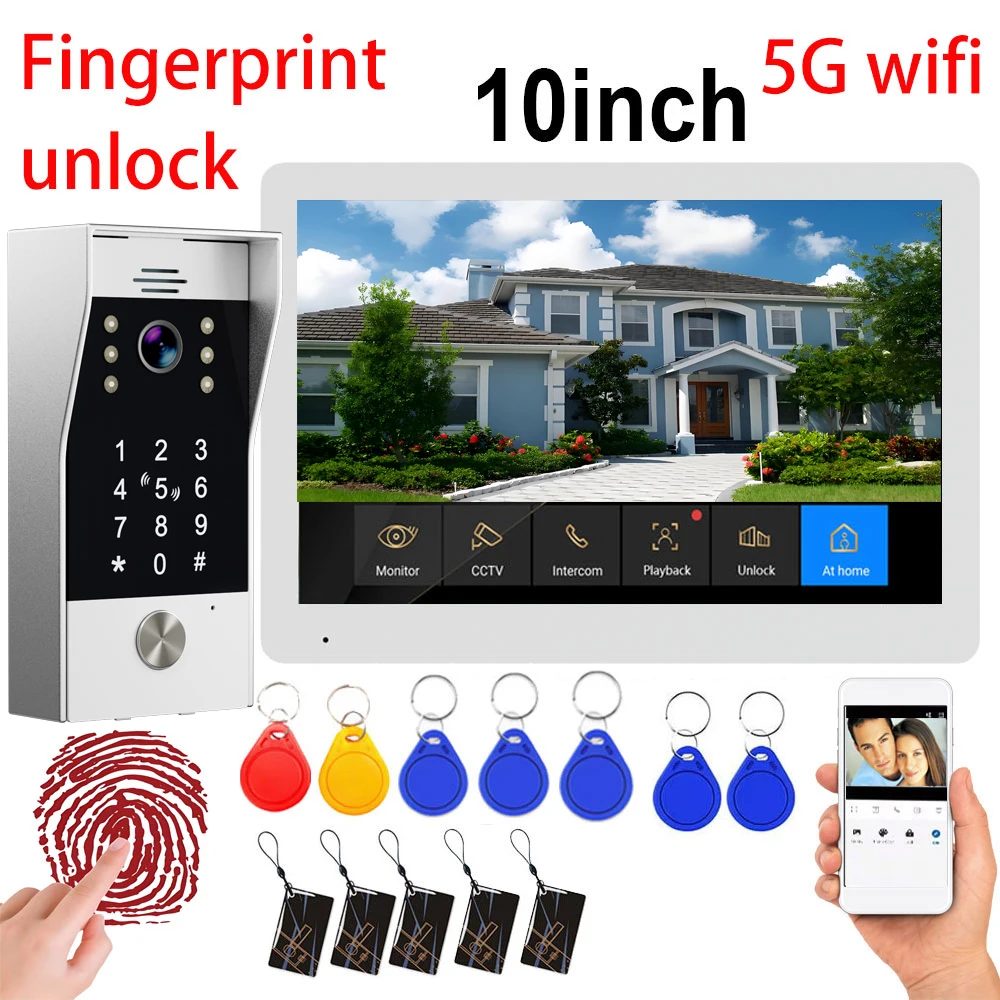 Sistema de videoportero con monitor táctil Tuya de 10 pulgadas y 1080P, desbloqueo por huella dactilar y contraseña, para villas y casas, con desbloqueo por tarjeta IC y aplicación.