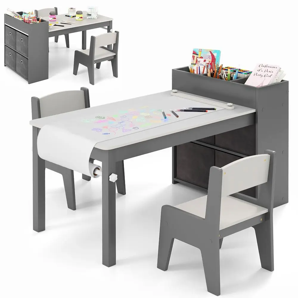 

Kids Table and Chairs, 3 in 1 Wooden Art Drawing Desk Set w 4 Fabric Bins, Multiple Open Storage Compartments amp a Paper Roll,