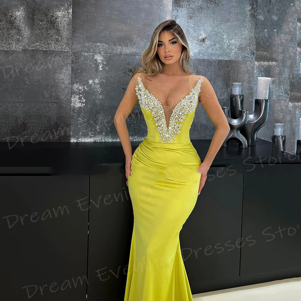 Popular Yellow Mermaid Graceful Women's Evening Dresses Modern Strapless Sleeveless Prom Gowns Beaded Pleated Vestido De Noche