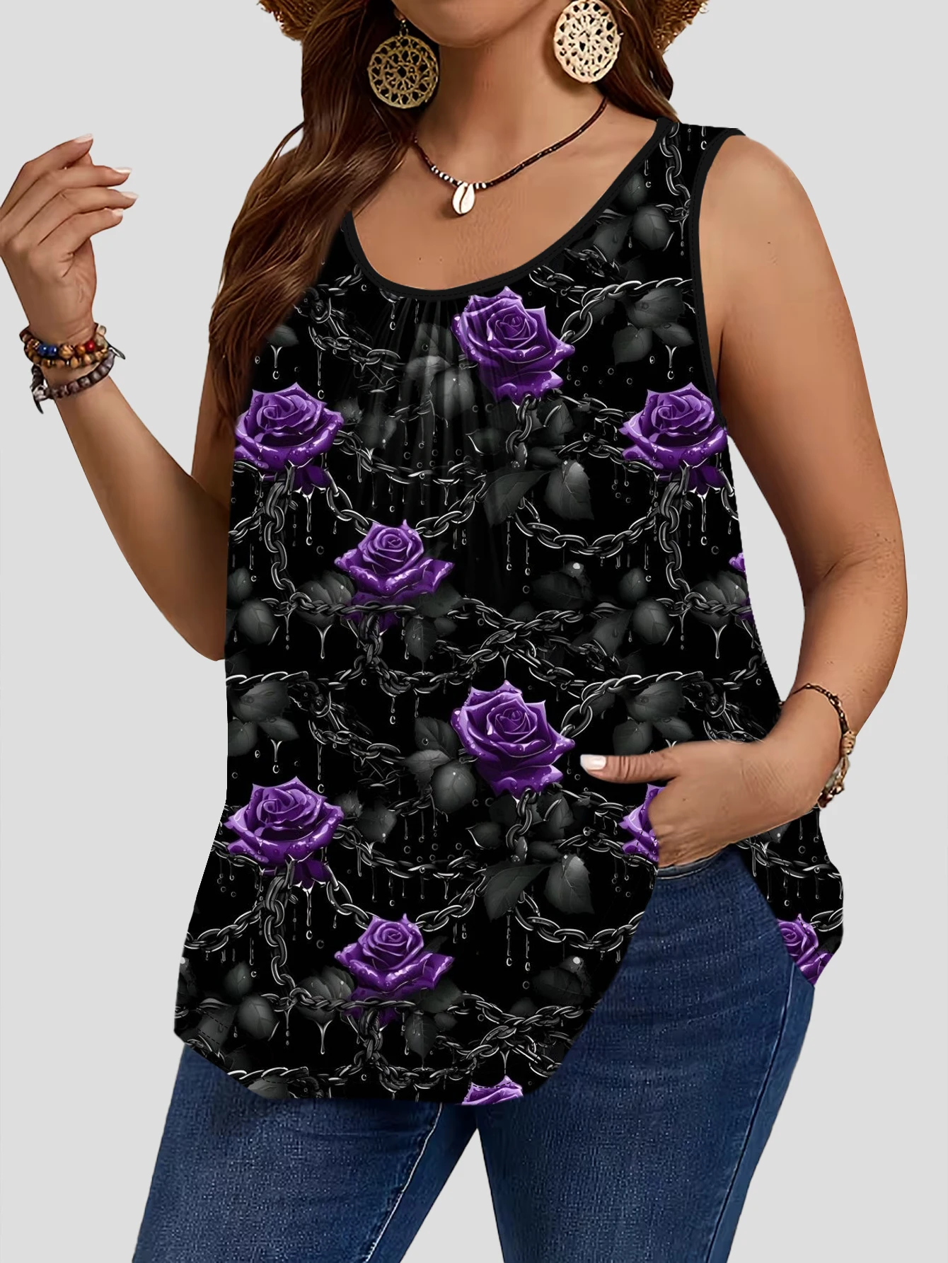 3-Piece Set of Plus-Size Women's Black Base Chain Rose Print Tank Tops, Round Neck Loose Sleeveless Tops 4