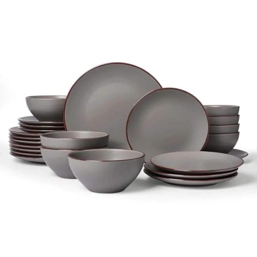 Plates and Bowls Sets 24 Pieces Stoneware Speckled Dinnerware Dishes Set for 8 Matte Dark Gray Microwave Dishwasher Safe Modern