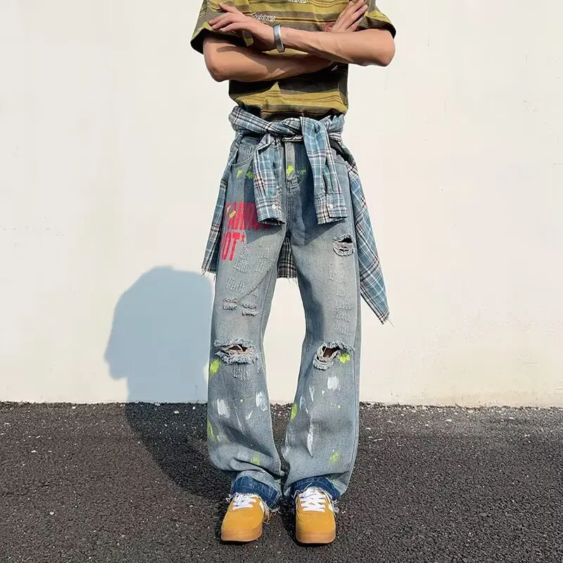 WTHT Fashion Men's Letter Print Hole Do Old Design Denim Pants Vintage High-waisted Wide Leg Jeans Male 2025 Autumn 2A1830