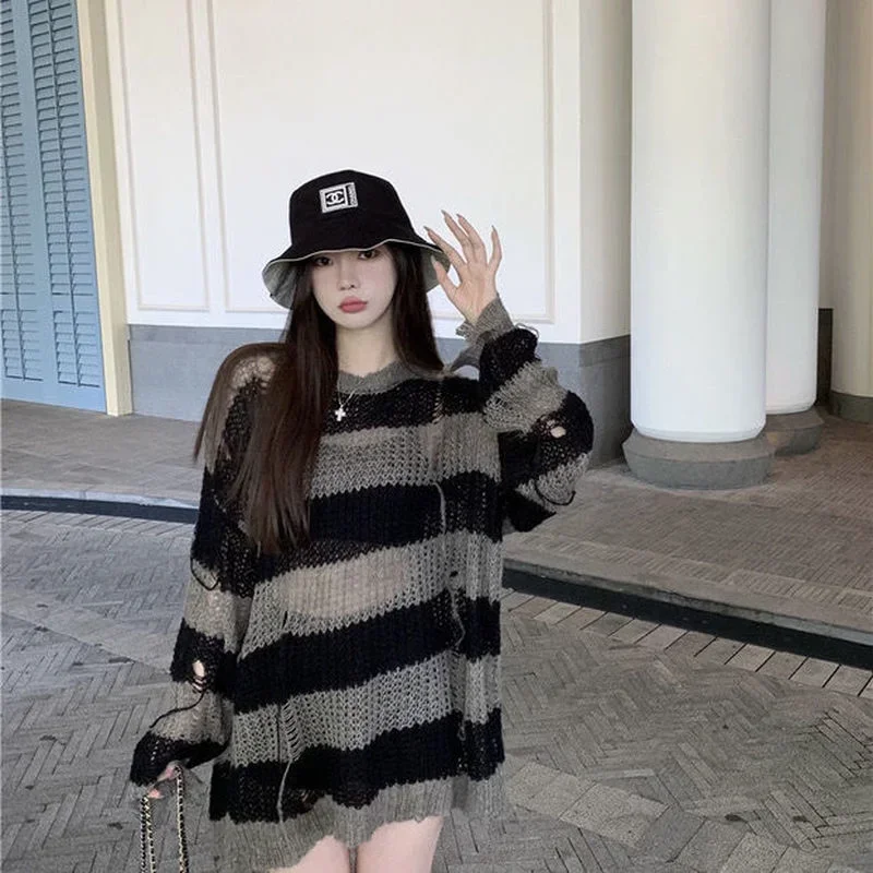 Women Drunge Style O Neck Thin Hollow Out Sweaters Striped Loose Harajuku Korean Gothic Fashion Sweater Casual Knitted Top Goth