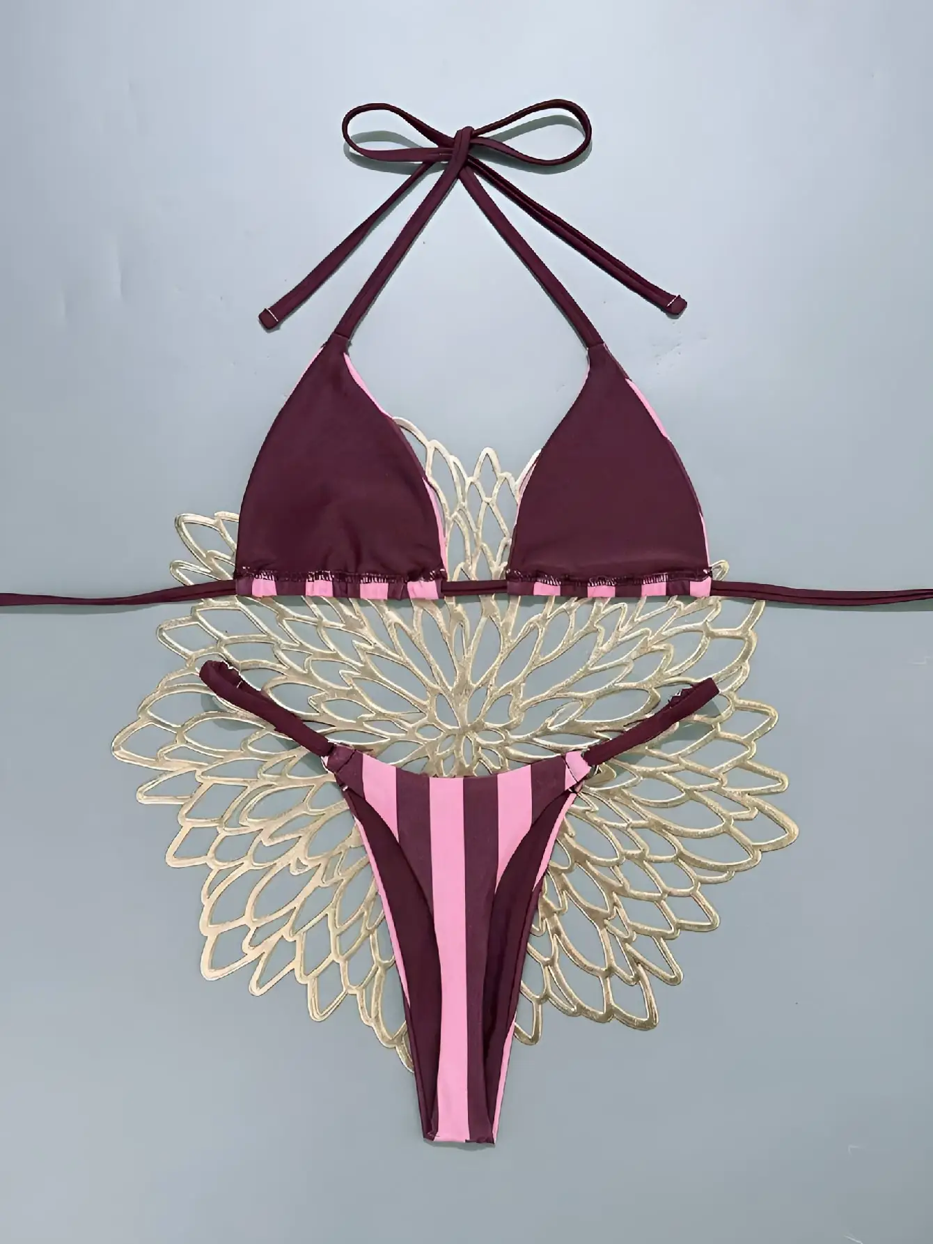 Pink Purple Stripe 2‑Piece Bikini Set Women Halter Triangle Top Metal Ring Swim Bottom Beach Swimsuit