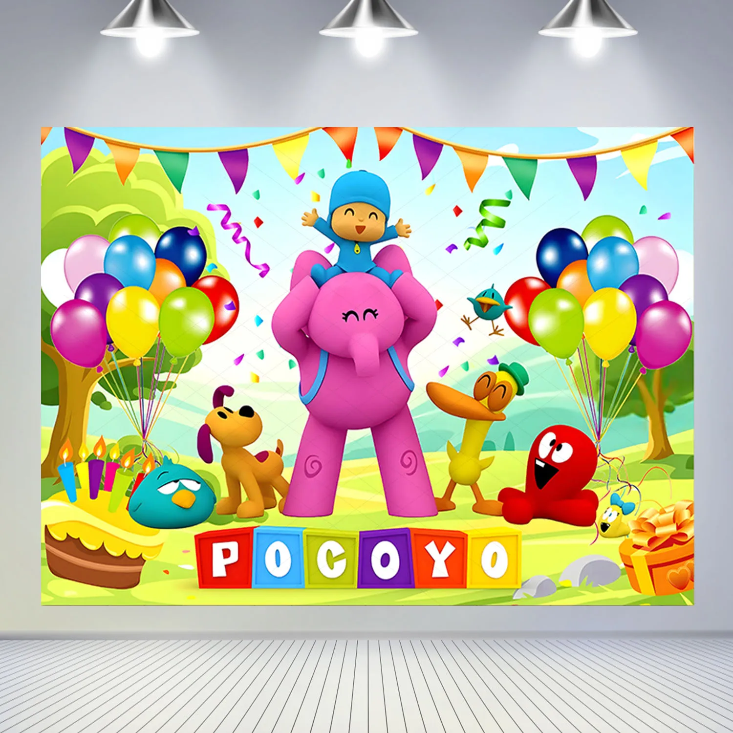 น่ารักตุ๊กตาสีฟ้า Pocoyos ฉากหลังเด็กวันเกิดพื้นหลังเด็กแบนเนอร์ภาพยนตร์ไวนิลการถ่ายภาพตกแต่ง Props