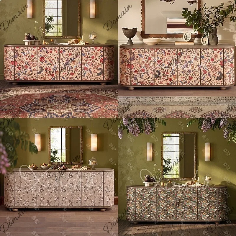 PL French Country Vintage Floral Print Solid Wood Arched Sideboard TV Cabinet Storage Y