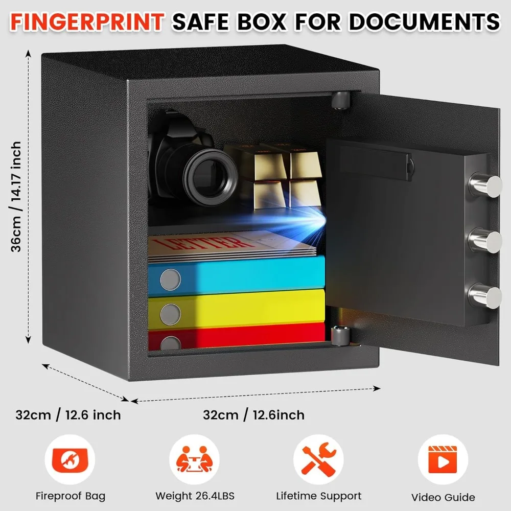 Biometric Fingerprint Safe Box, 1.3 Cuft Home Security Safe with Fireproof Waterproof Bag, Combination Keypad, Anti-Theft Dual A