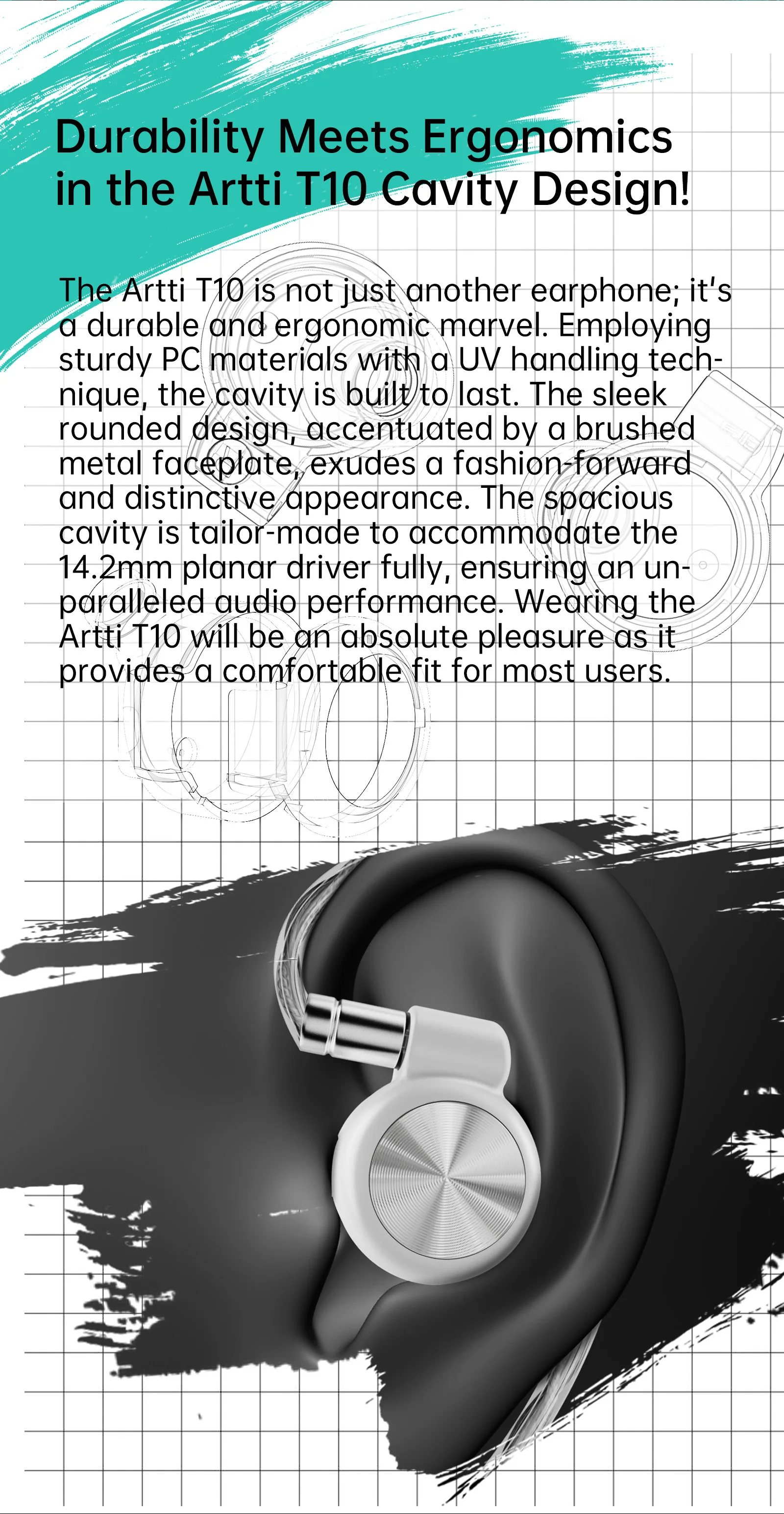 ARTTI T10 In-Ear Hi-Fi-Kopfhörer, kabelgebundene IEMs, Monitore, 14,2-mm-Planartreiber, strukturierter Bass, 0,78-mm-2-Pin- & 3,5-mm/4,4-mm-Anschluss – Detail 3