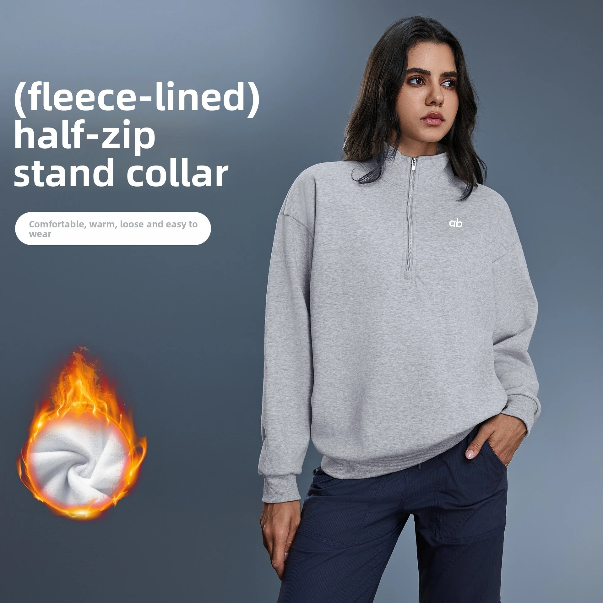 Women Autumn Winter Oversized Stand‑Collar Half‑Zip Fleece Sweatshirt Solid Color Loose Warm Casual Long‑Sleeve Pullover Top