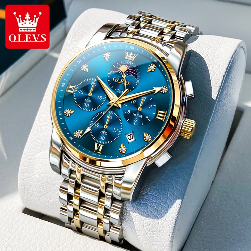 OLEVS Watches Man 3655 Stainless Steel Multifunctional Chronograph Quartz Watch Moon Phase Watches Man Box Gifts Original Reloj