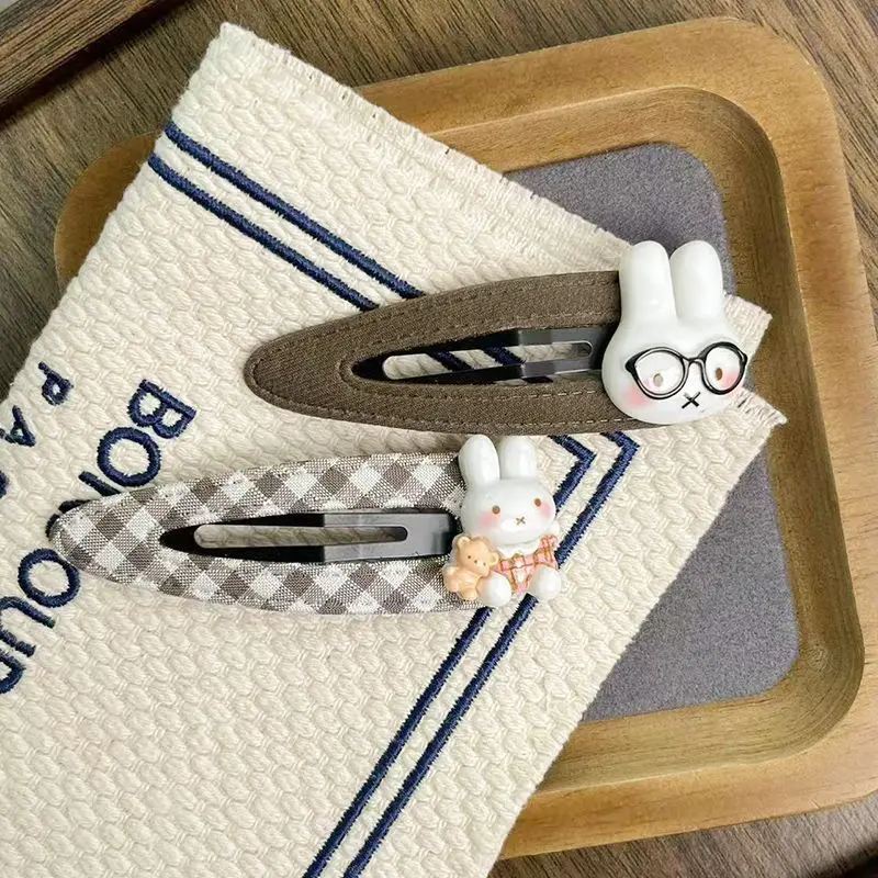 Cartoon Miffy Hair Clip Coffee Beige Plaid Drop BB Clip Soft Sweet Autumn Winter Tone Hair Accessory for Girls Bangs Side Clip