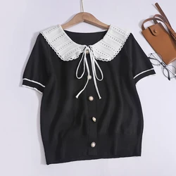 Women Spring Summer Patchwork Peter Pan Collar Short Top Thin Button Short Sleeve Knit Top Elastic Casual Lace up Office Shirt