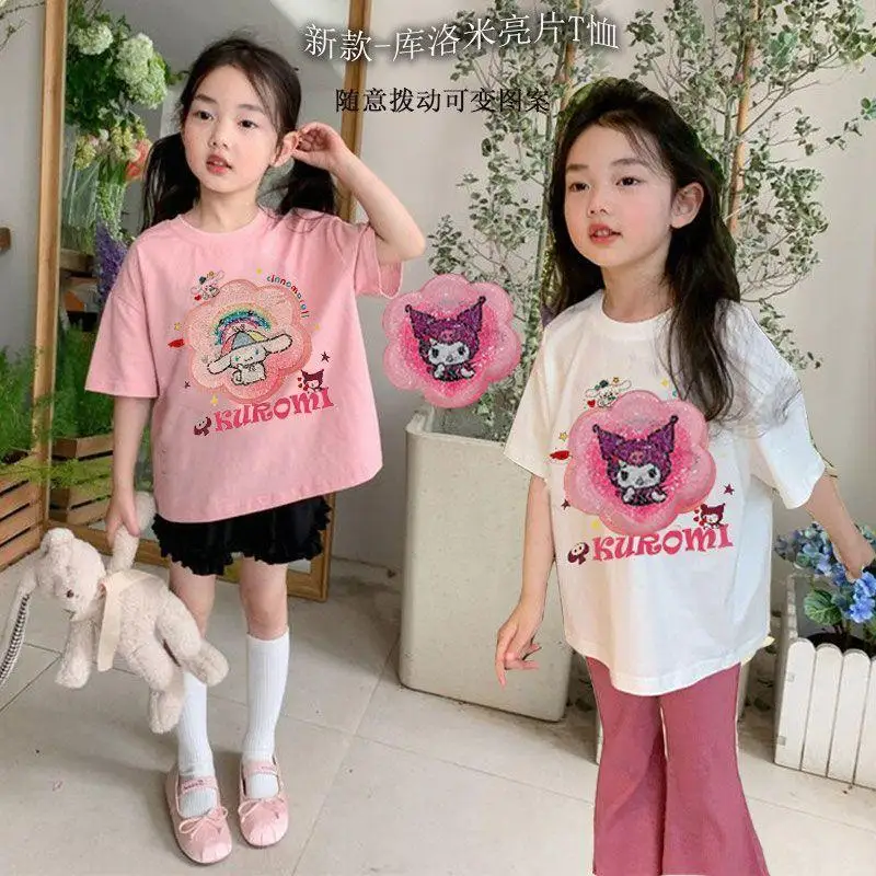 New Anime Sanrios Cinnamoroll Girl Cotton T-Shirt Kawaii Kuromi Cartoon Short Sleeve Fashion Embroidery Tops Summer Kids Clothes