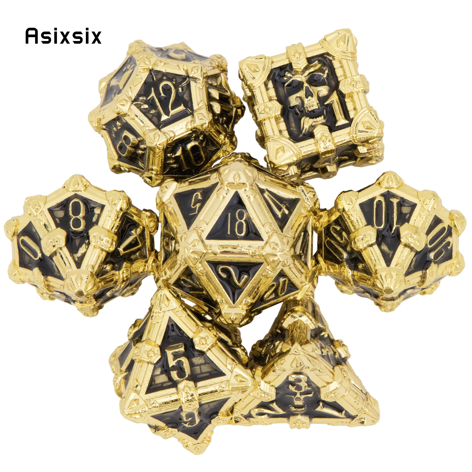 

Metal Dice Perfect for Tabletop Rpgs and Card Games 7 Pcs Golden Black Skull Dice Solid Metal Polyhedral Dice Role-Playing RPG