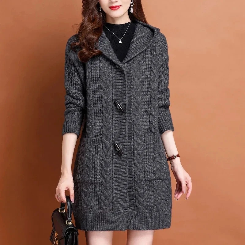 

Autumn Winter Temperament Cardigan Jacket Women 2024New Loose Hooded Knitted Sweater Coat Female Casual Outerwear Ladies