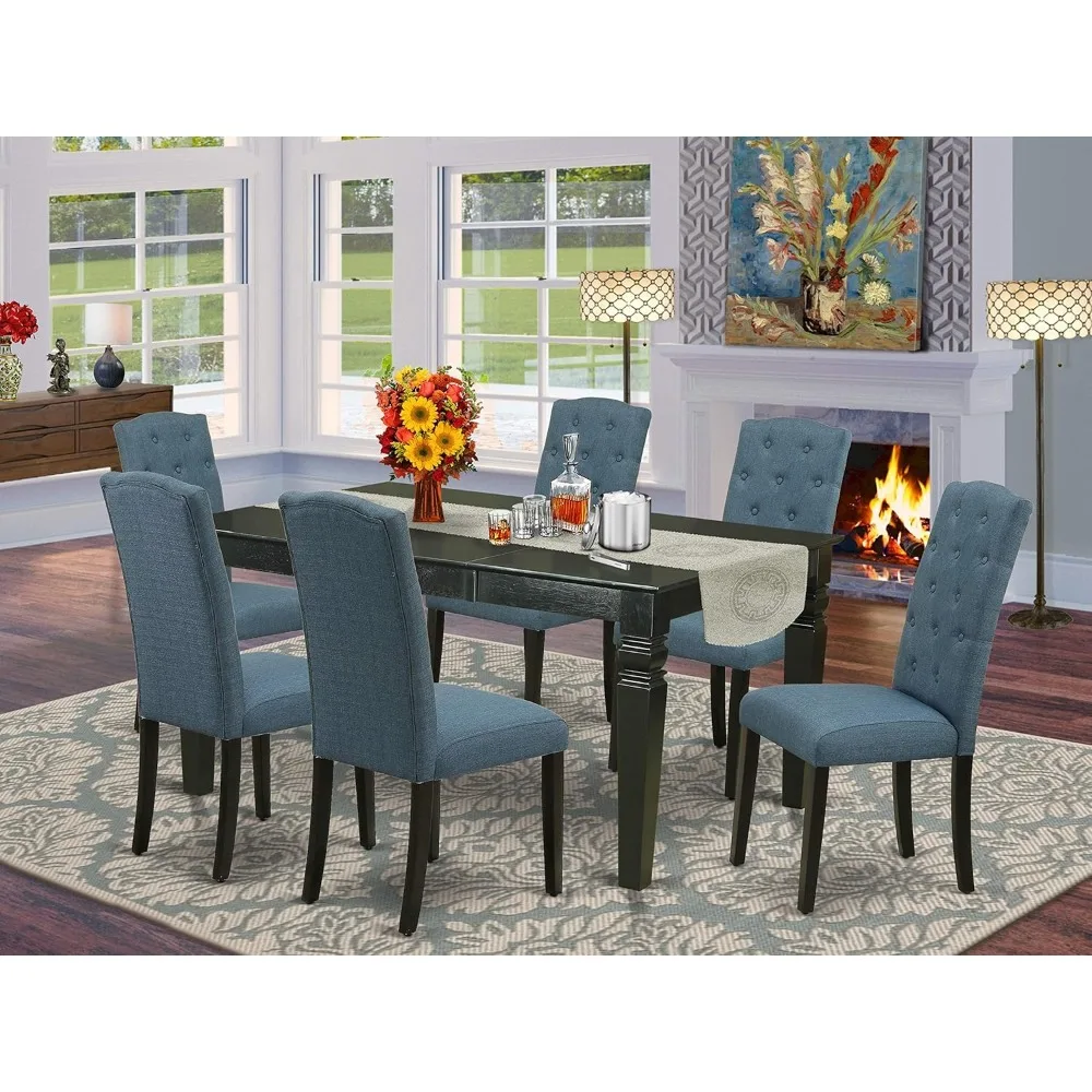 7 Piece Dinette Set Consist of a Rectangle Dining Table with Butterfly Leaf and 6 Mineral Blue Dining Chairs, 42x60 Inch, Black