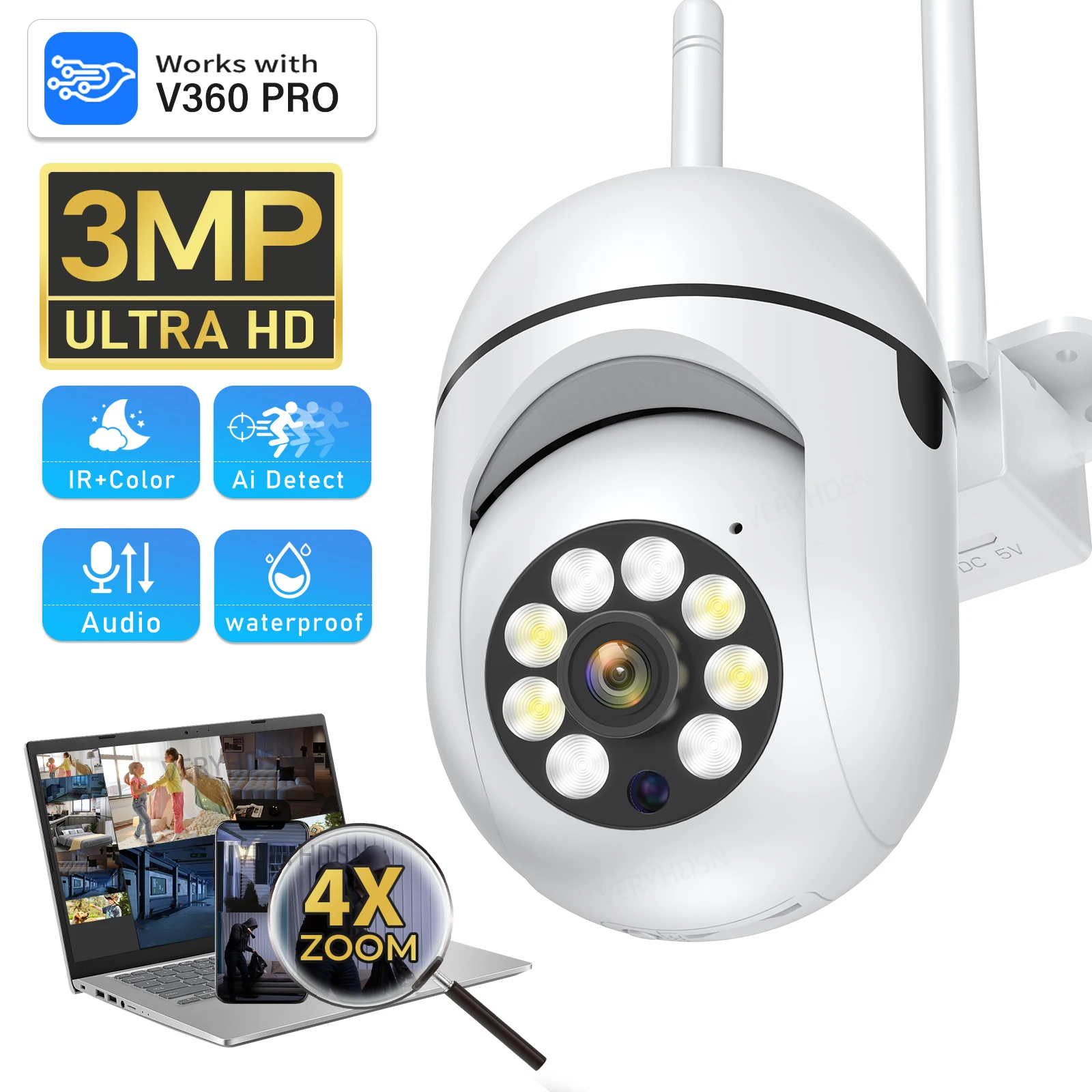 

3MP 1/4PCS Wifi IP Camera Surveillance Video 4X Digital Zoom Security Wireless Outdoor Monitor Audio Night Vision Smart Tracking