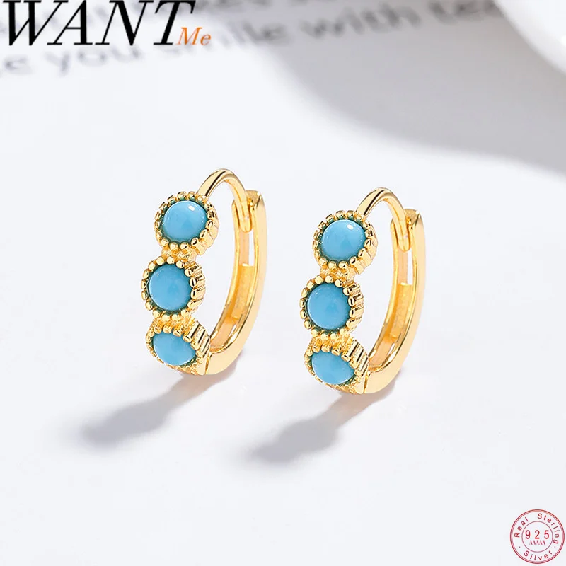 

WANTME 925 Sterling Silver Trend Simple Round Turquoise Huggies Hoop Earrings for Women Classic Statement Gold Ear Hook Jewelry
