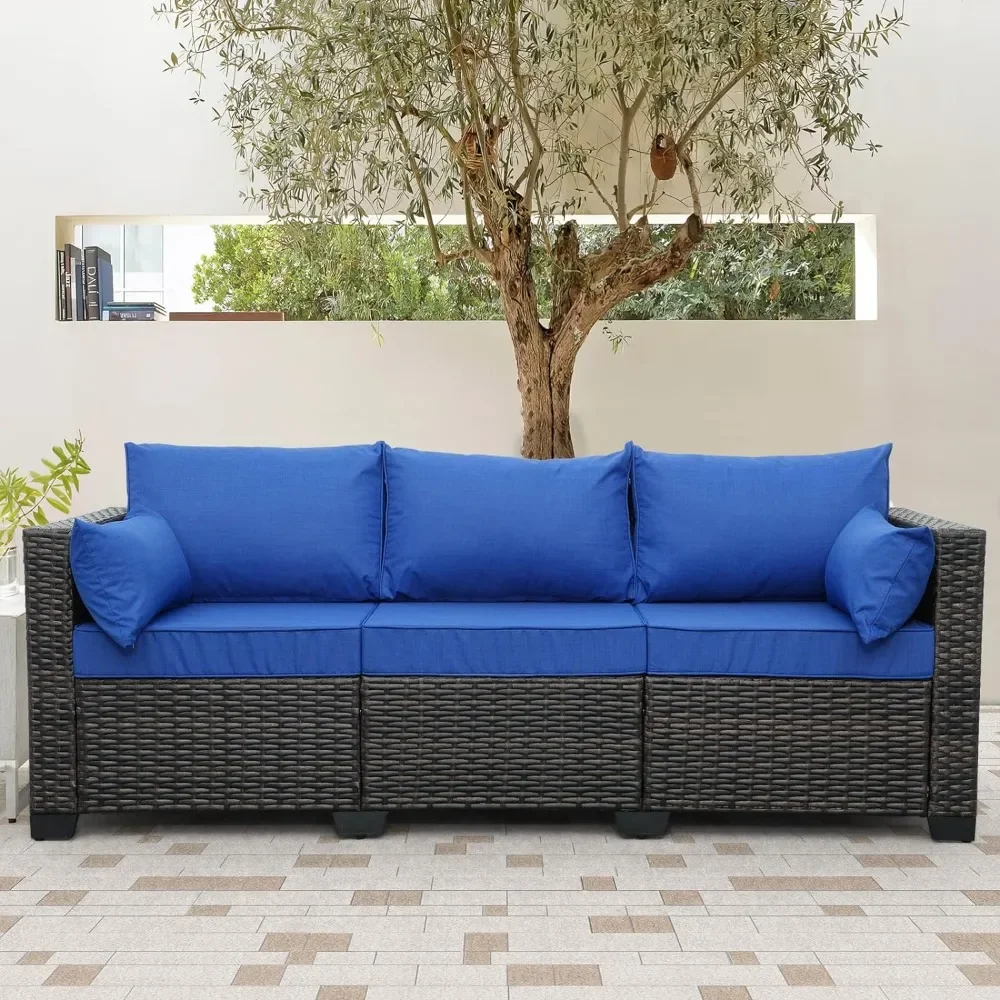 

Wicker Outdoor Sofa, 3 Seater Patio PE Wicker Sofa Furniture, with Washable Blue Cushions, Outdoor Sofa