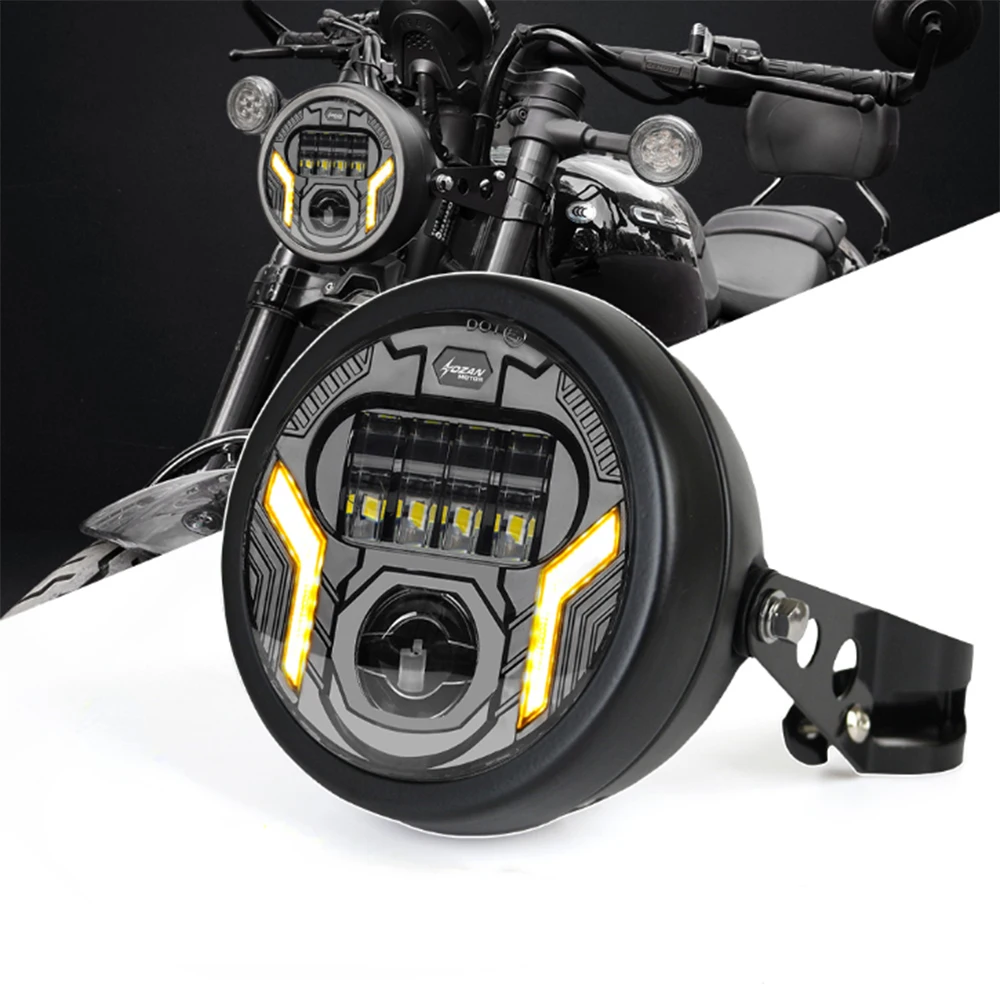 

5.75" Motorcycle LED Headlight with Bucket Mount Bracket, White DRL & Amber Turn Signals, Universal Fit for Harley & Custom Bike
