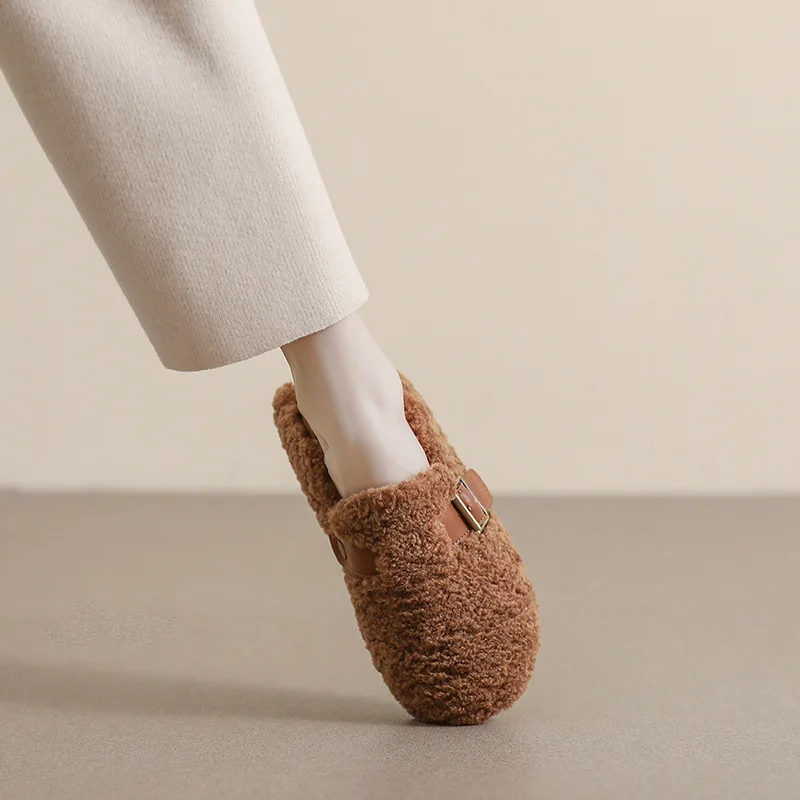 

Faux Fur Boots Metal Buckle Thick Bottom Women's Autumn Winter Warm Plush Clog Shoes Low Heel Round Toe Rubber Sole