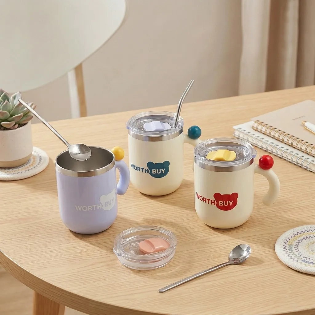 430ml Thermal Coffee Mug Cute Stainless Steel Travel Cup with Lid Handle Leakproof Insulated Water Bottle for Tea Office Home