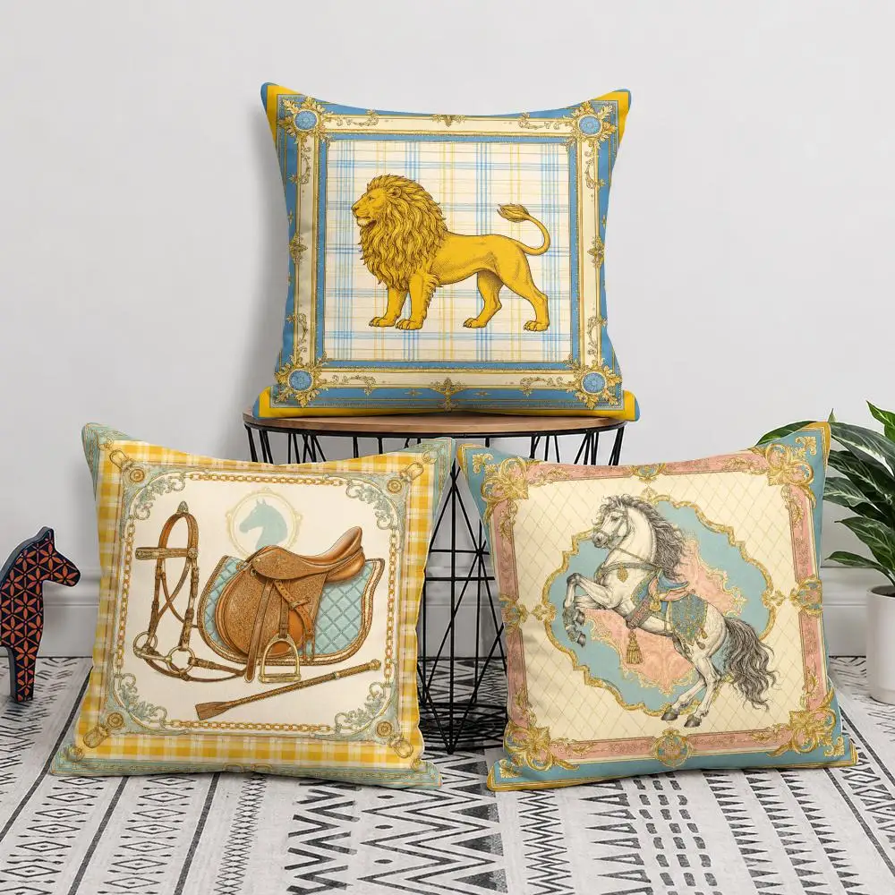 Vintage Horse and Lion Animal Cushion Cover Short Plush Soft Double-Sided Printing Pillow Case Cozy Sofa Bedroom Home Decor Gift