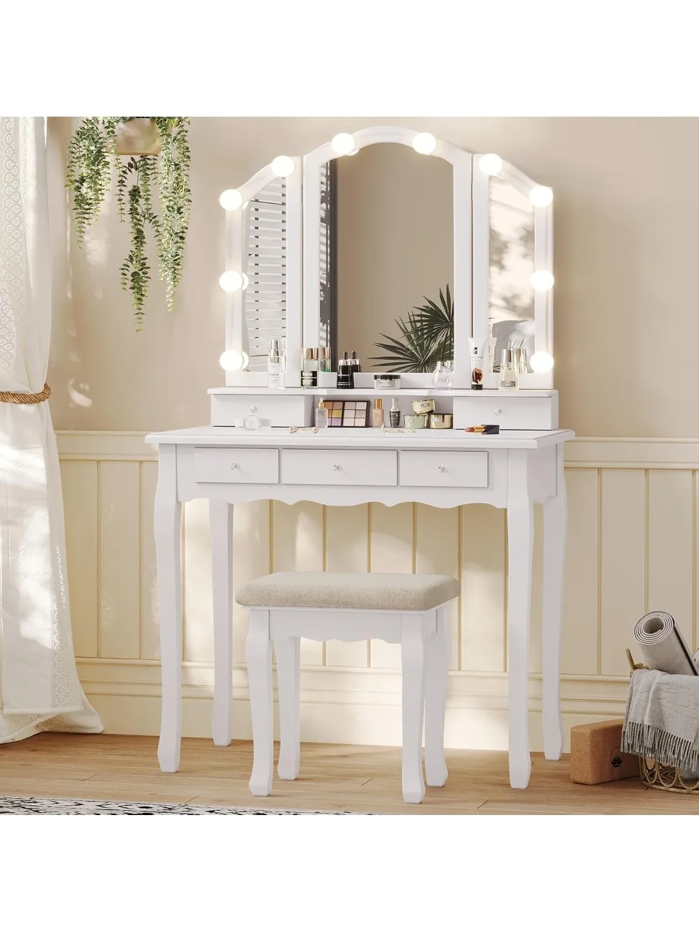vanity table set with lighted tri-folding mirror, makeup vanity with lights & 3 color lighting modes, vanity desk with mirror a