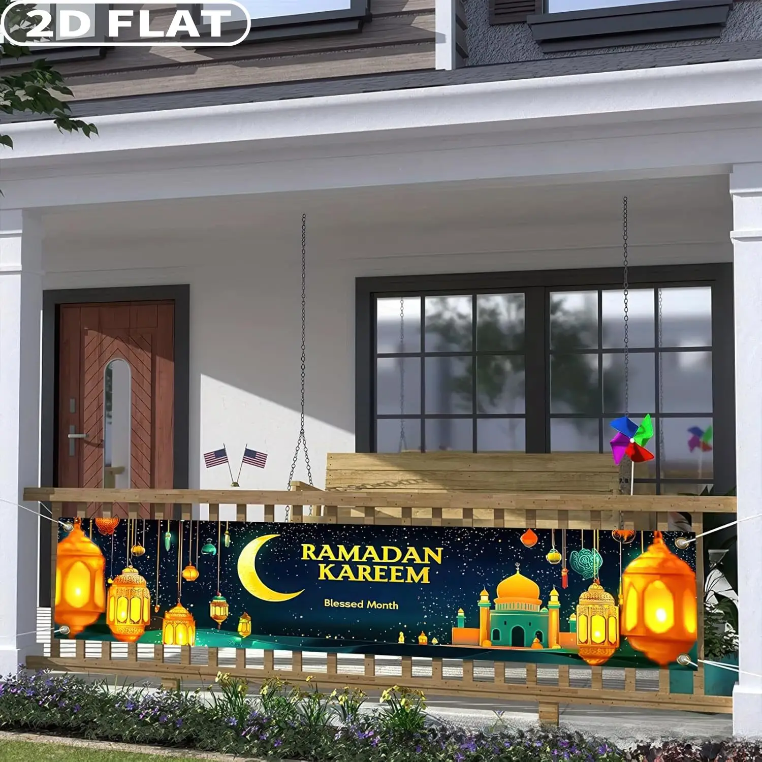 2D FLAT 1pc Ramadan Eid Mubarak Party Banner 17.72x78.74 Inch Polyester Muslim EID Mubarak Decor Photo Booth Prop Photography