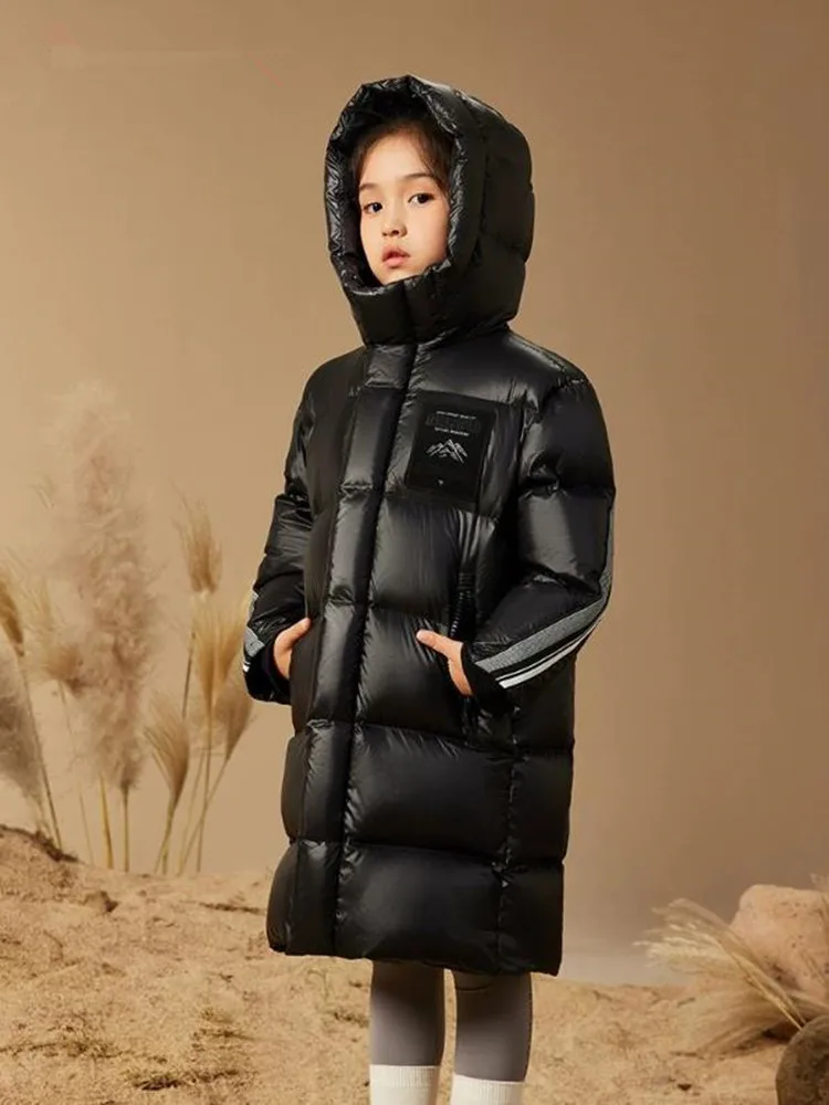High-End-Down-Mantel für Kinder, lange Kapuzen-Oberbekleidung, Winter, für Jungen und Mädchen, winddicht, wasserdicht, warm, Daunenjacke A4162 – Detail 3