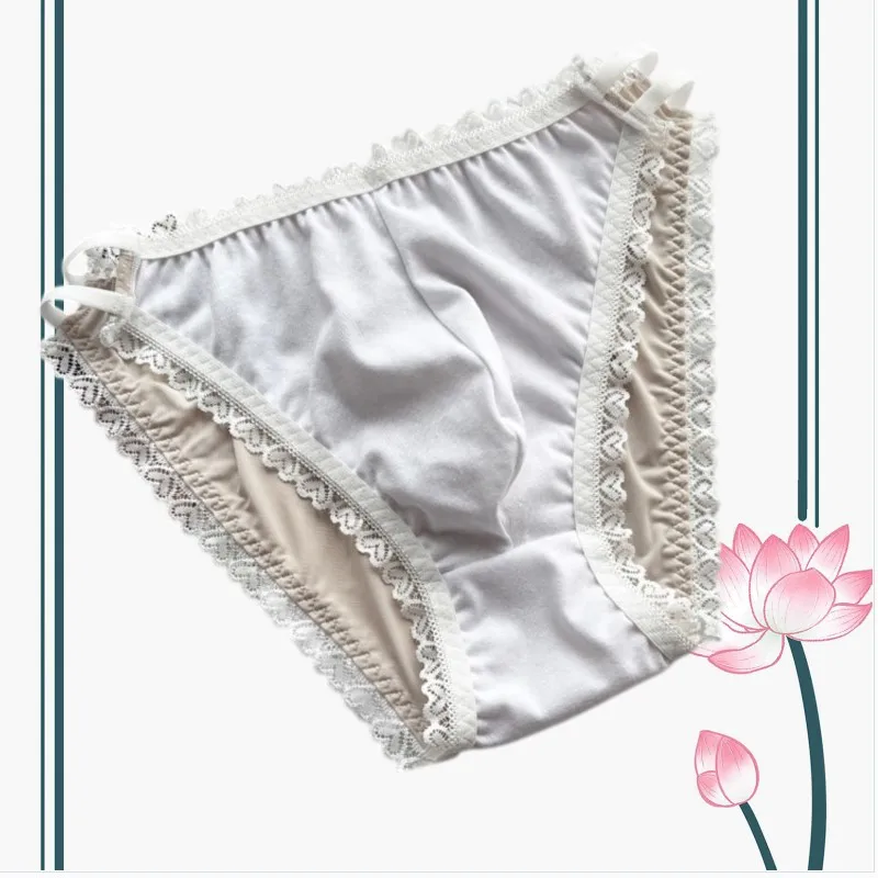 Sexy Men Bikini Panties With Heart Lace Edge Smooth Lightweight Elastic Daily Intimate Underwear