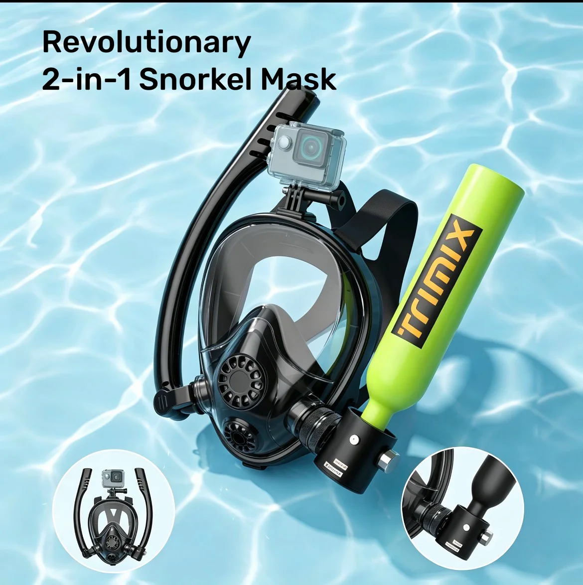 Мини-баллон для дайвинга TRIMIX Green Black 0.5 л с маской для снорклинга, 10 минут подводного дыхания на глубине до 5 метров