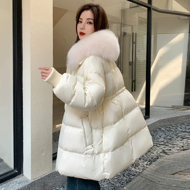 Nuovo piumino da donna con collo in pelliccia di volpe Trench in vita Cappotto invernale in piuma d'anatra bianca