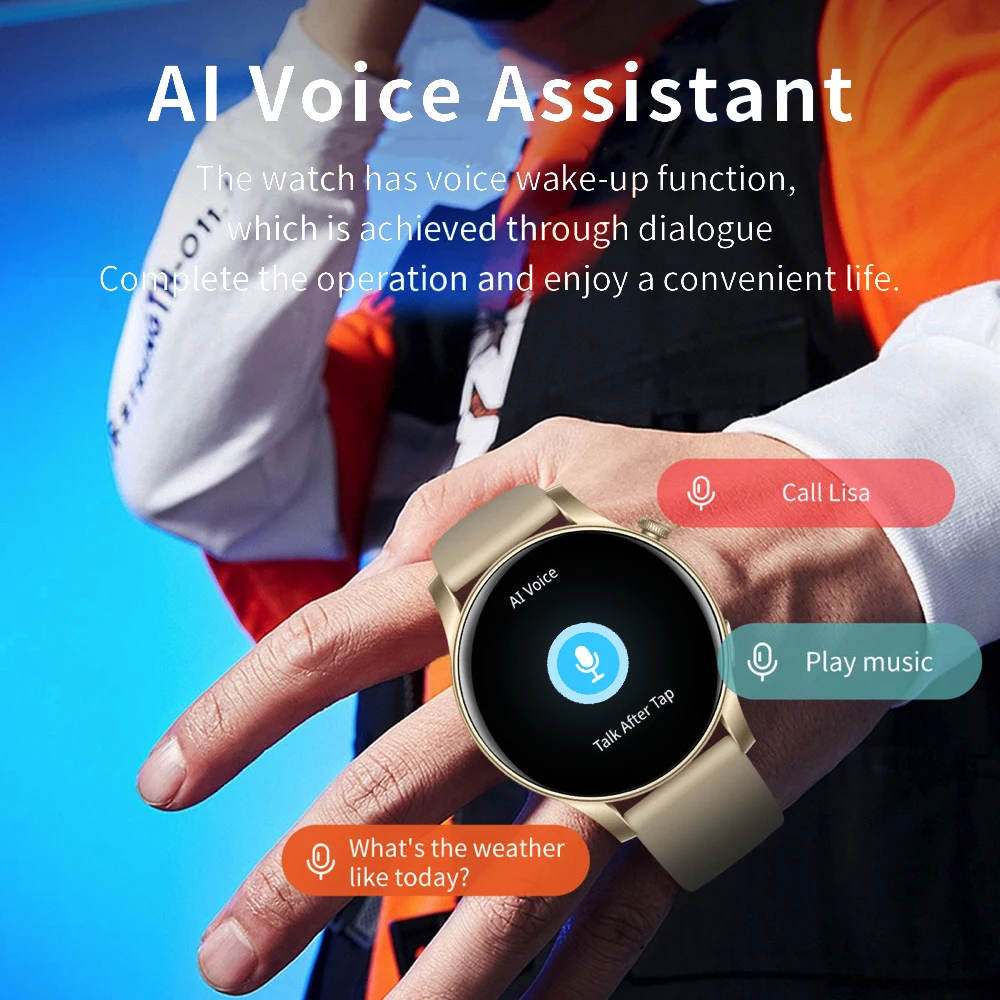 ساعة ذكية رياضية مقاومة للماء للرجال والنساء ، شاشة أموليد ، معدل ضربات القلب ، مساعد صوت ، مكالمة ، سن أزرق ،