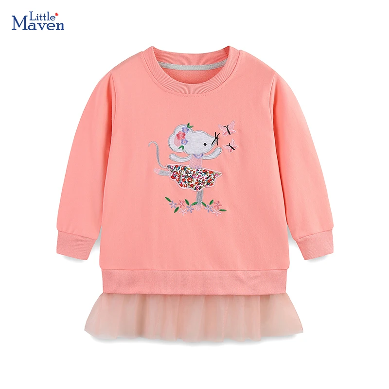 

Little maven, весенне-осенние детские костюмы с вышивкой мультяшной мышью для маленьких девочек, детская одежда, кофты принцессы из хлопка