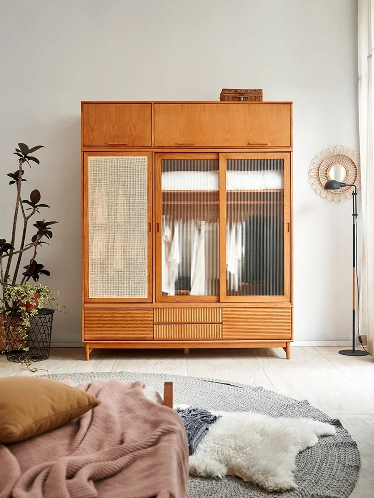 Solid wood wardrobe, bedroom household large-capacity locker, log glass wardrobe sliding three doors