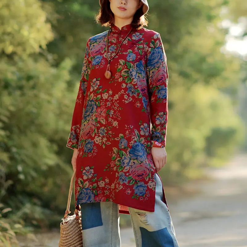 

Retro Sle Double Layer Cotton Pure Cotton Midi irt Spring Autumn Chinese Button Long Sve Tea Costume Women's Clothing