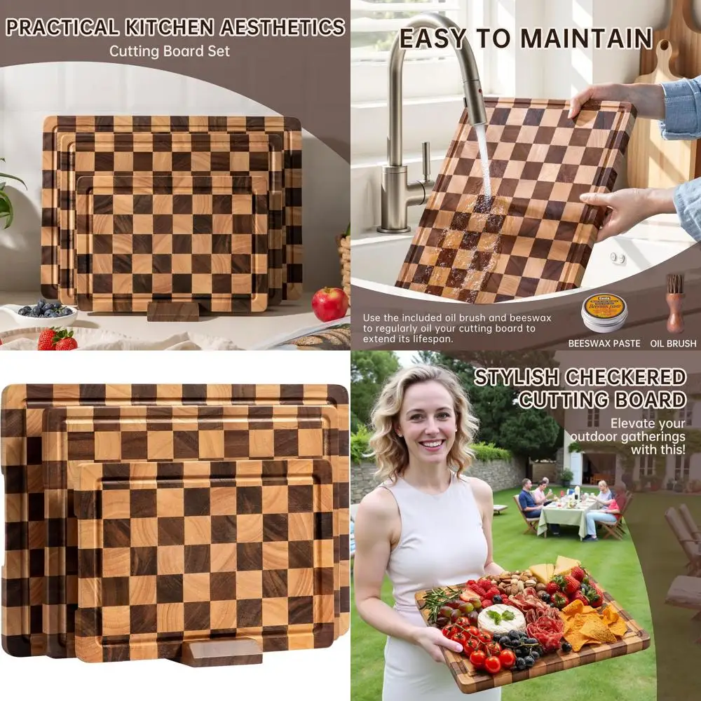 

Acacia Wood 3-Piece Cutting Board Set with Juice Grooves and Handles, Ideal for Kitchen Prep and Serving