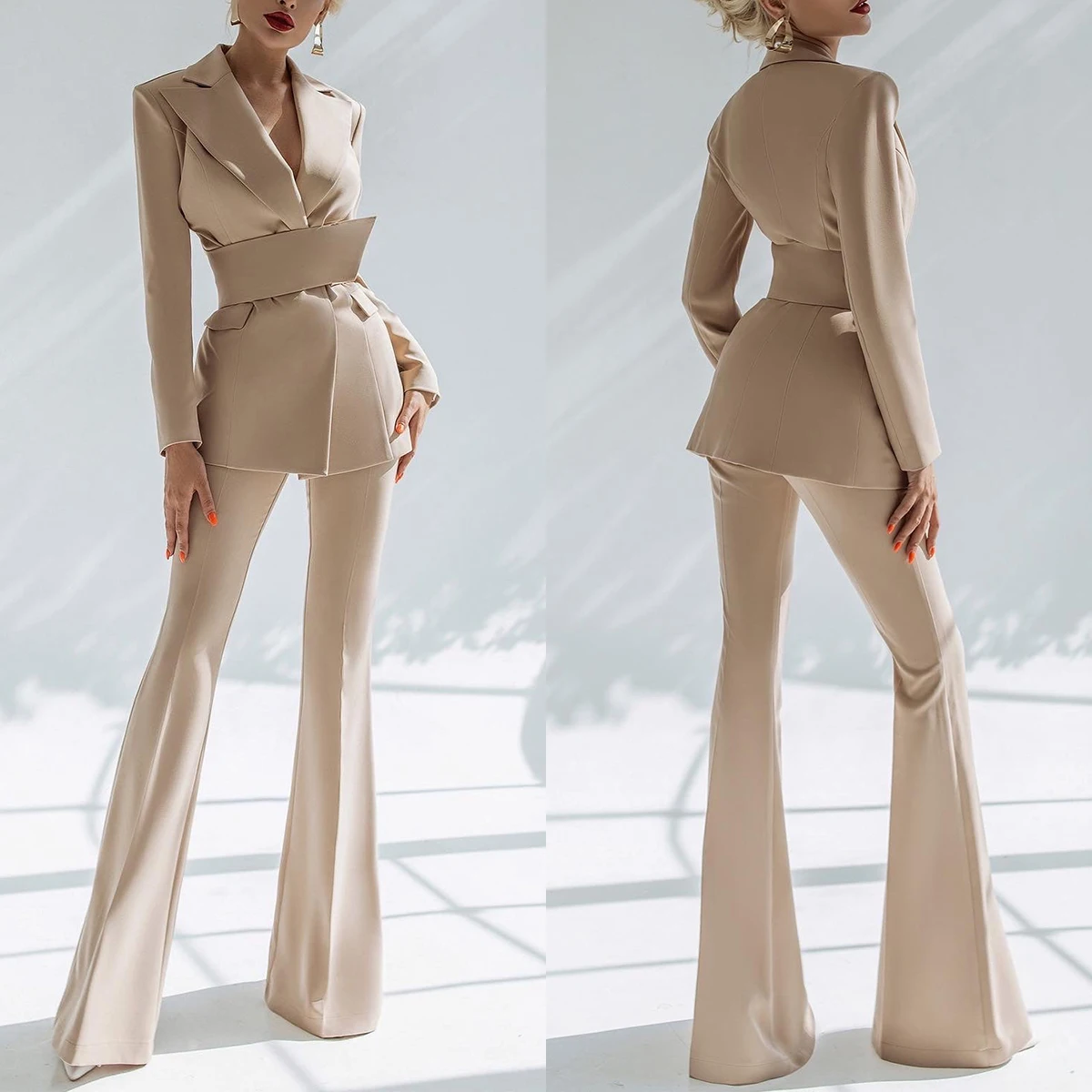 Simple Women Pants Suits Vintage Double Breasted Slim Fit Pocket Blazer With Belt Office Lady Dresses Custom Made