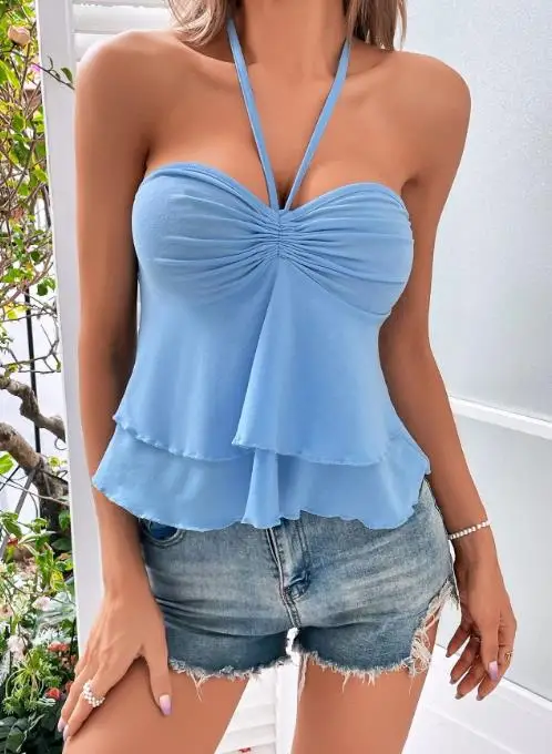 

Top Women 2026 Spring Summer New Solid Color Ruffle Hem Strapless Neck Hanging Sleeveless Casual Daily Backless Vest Top