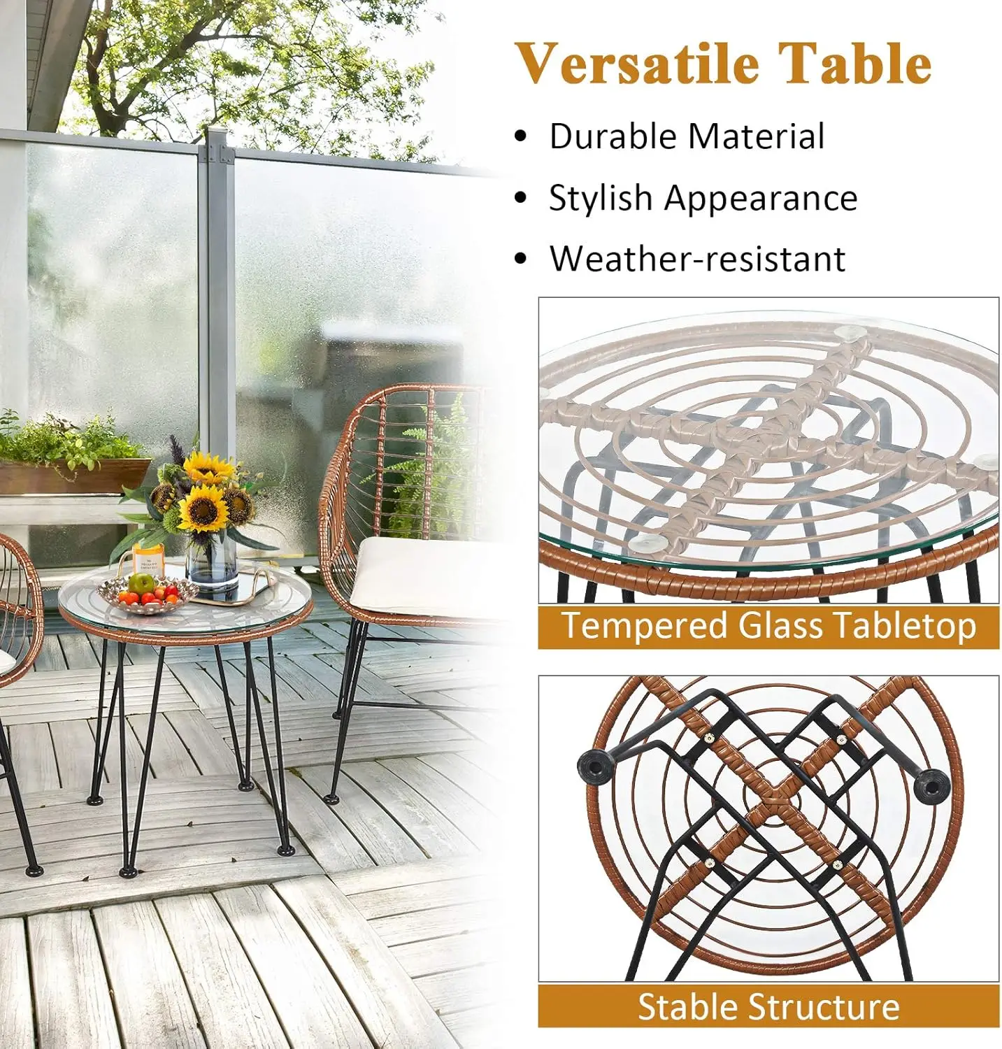 3 Pieces Patio Conversation Bistro Set, Outdoor Wicker Furniture w/Round Tempered Table & 2 Rattan Armchairs(Brownish Yellow )