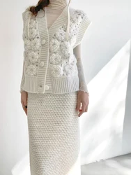 Women Handmade Rose 3D Floral Knit Cardigan 2024 Crochet Vest Old Money Style Feminine Sweater