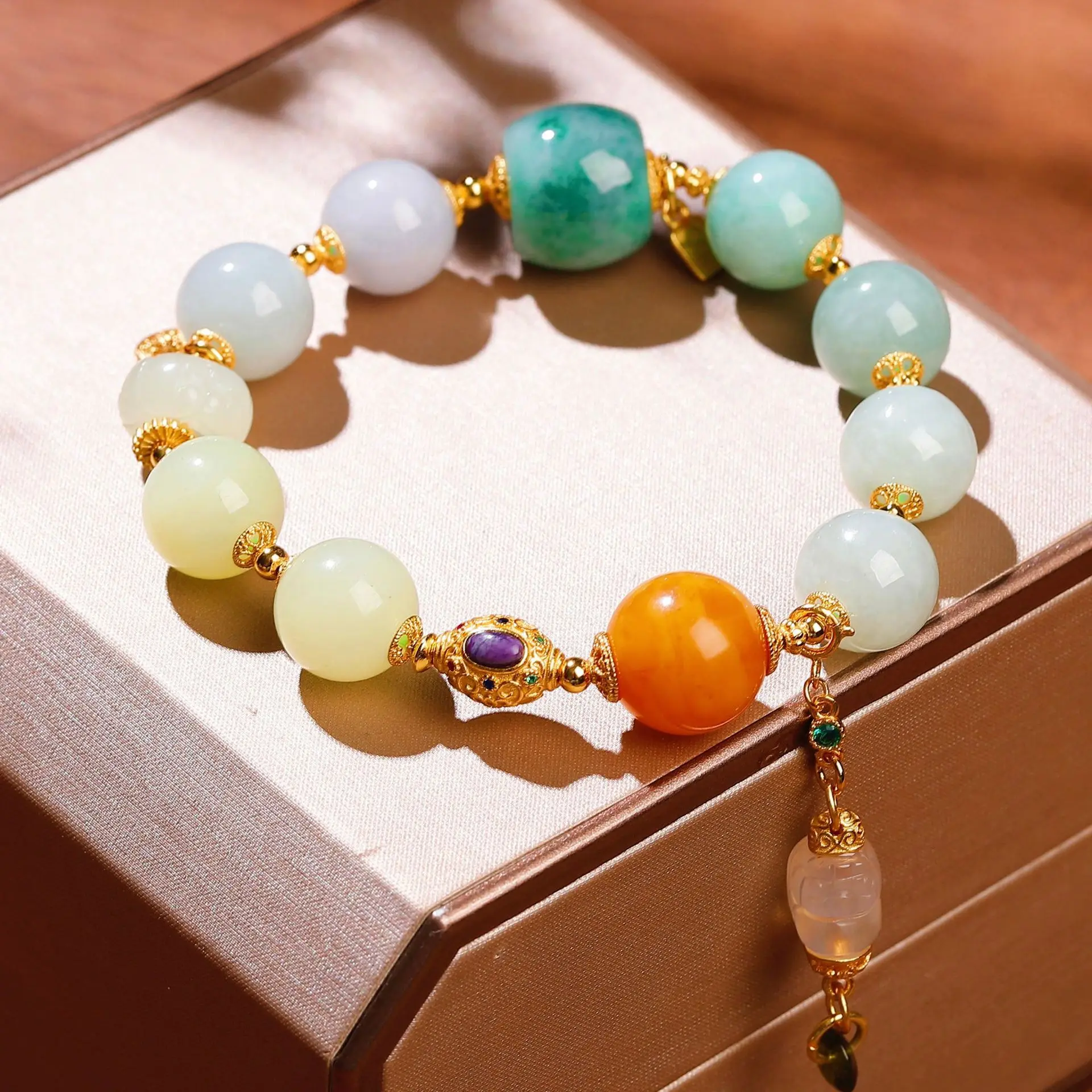 Natural Gradient A-Jadeite Bracelet, Mixed Moonstone, Beeswax & Hetian Jade Chinese Style Women Wrist Jewelry