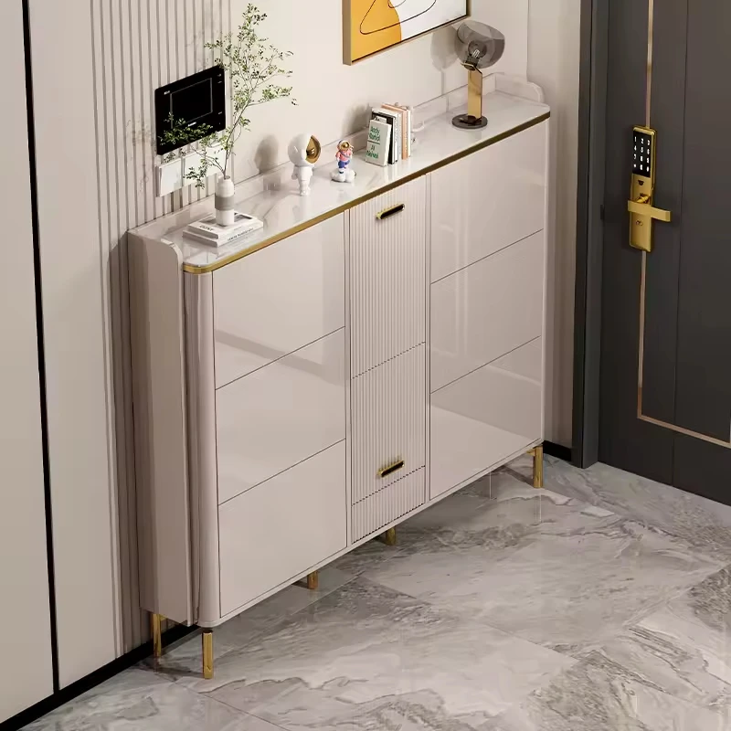 

Luxury Wooden Shoes Cabinet Shoe Shelf with Seat Entrance Ultra Thin Tipping Bucket Storage Organizer Shoe Rack Large-capacity