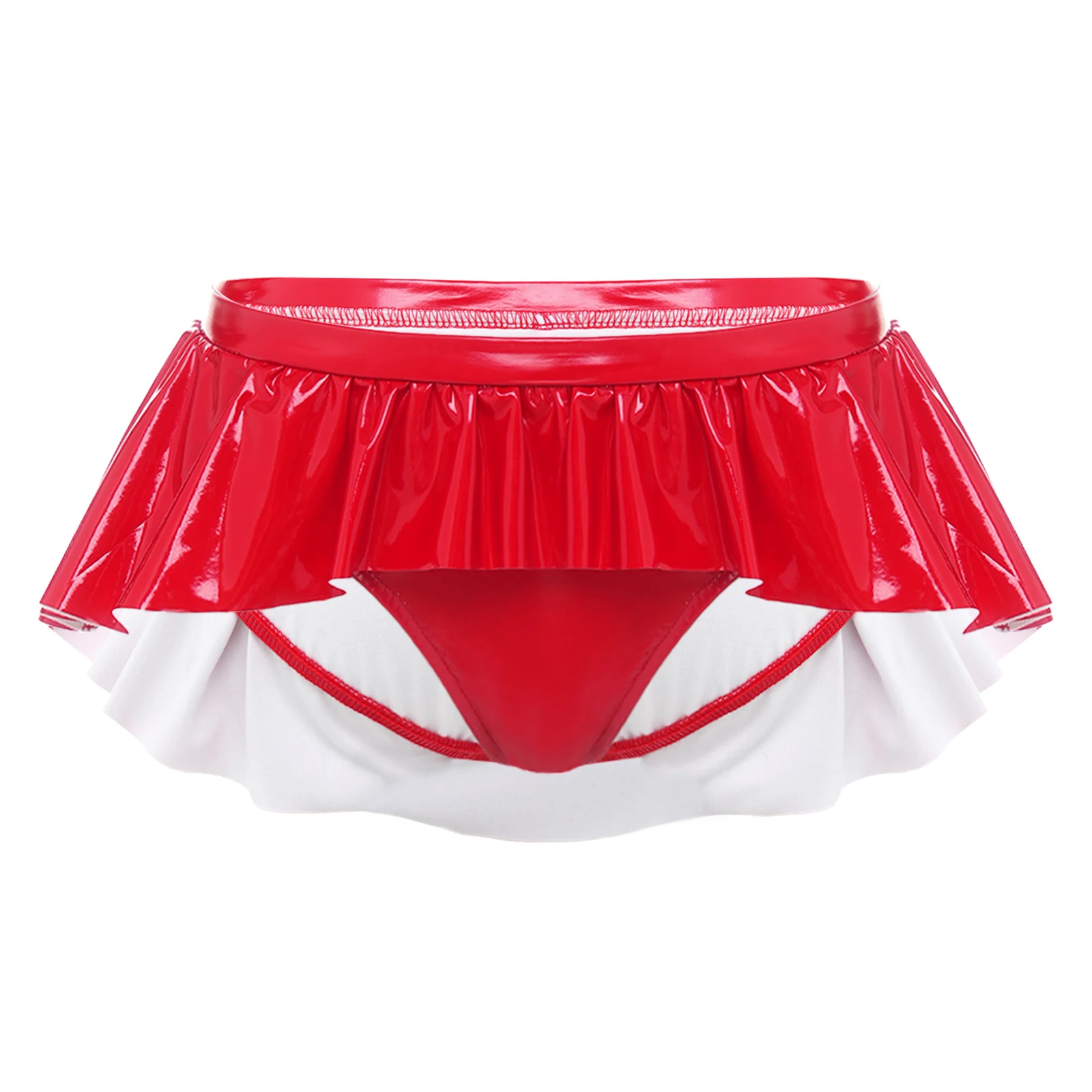 Womens Wet Look PU Leather Micro Panties Low Rise Irregular Ruffled Skirted Panties for Nightclub Rave Party Club Dance Wear