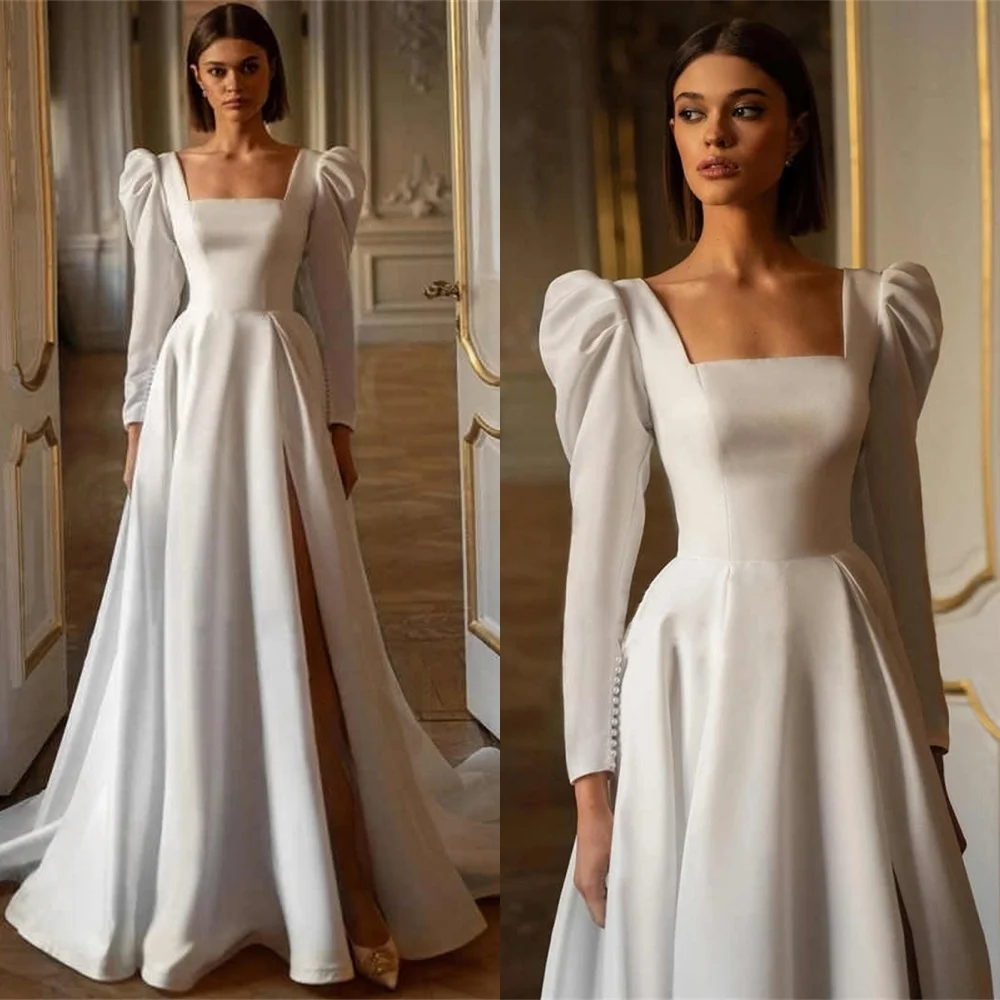 

Customized Luxury Satin Evening Dress Exquisite Square Collar Long Sleeves Homecoming Dresses Fashion Special Occasion Gowns