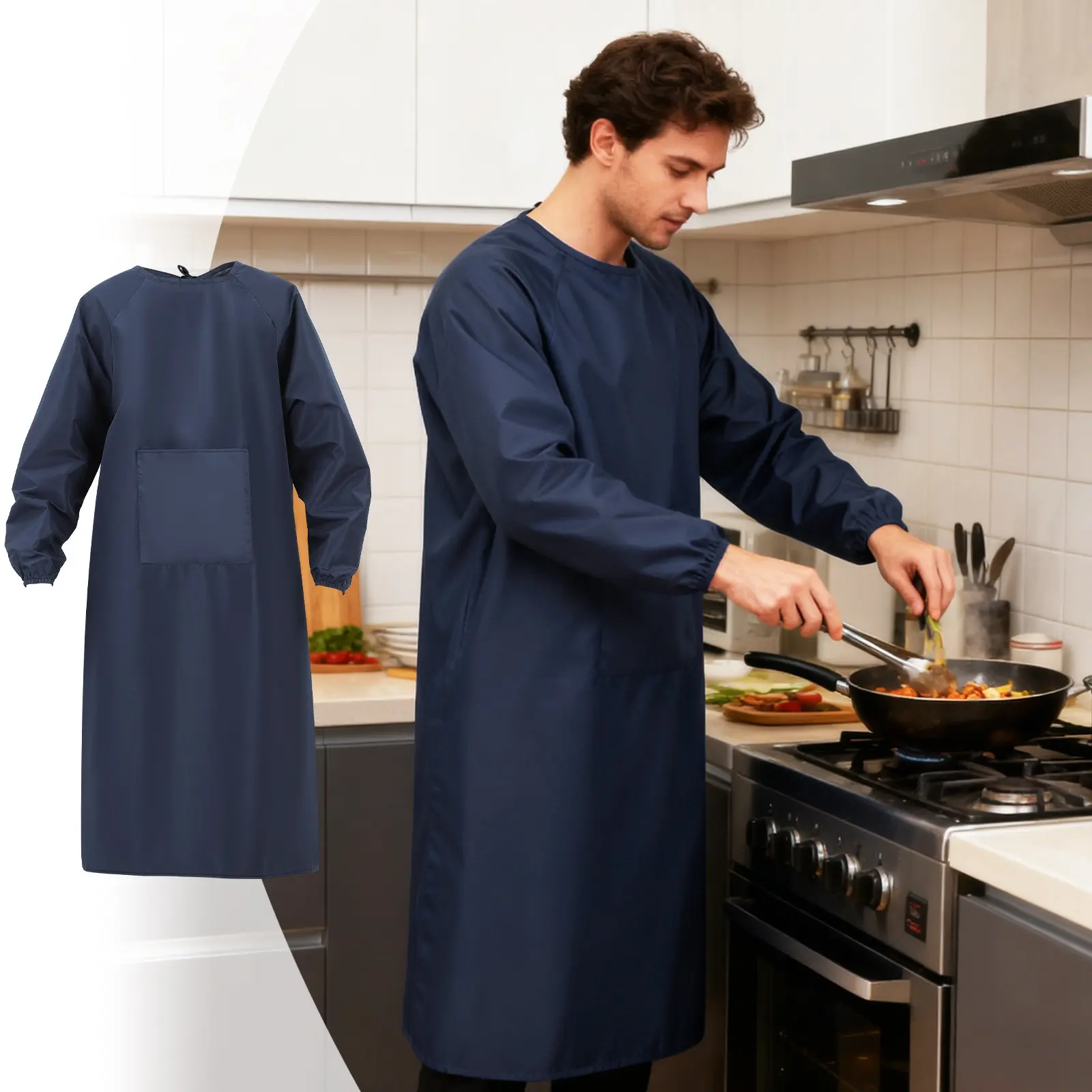 

Pocket Long Kitchen Blue Stain Apron to Wash Dishes Waterproof for Women Artist