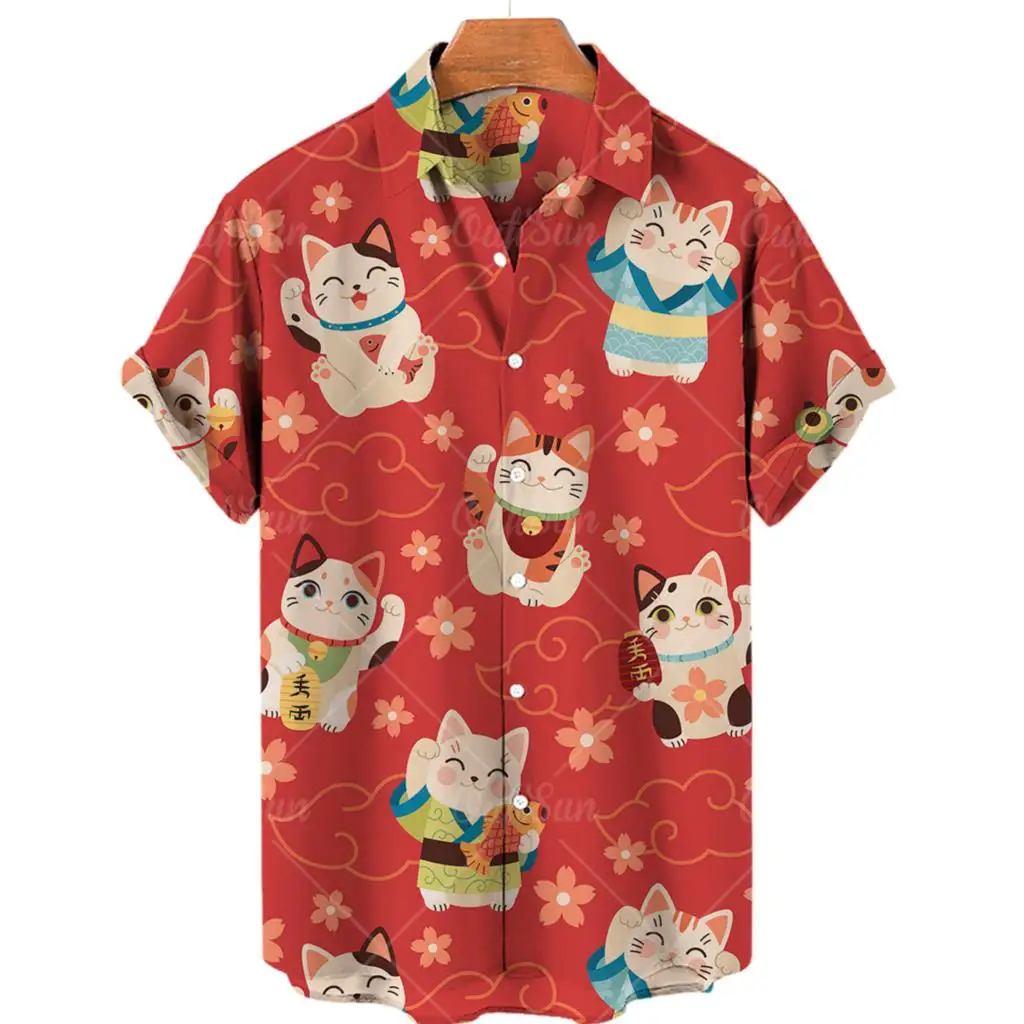 Cat Pattern Oversized Men\'s Hawaiian  Shirts Floral Masculina Camisa Social For Cartoon Graffiti Print Clothing New